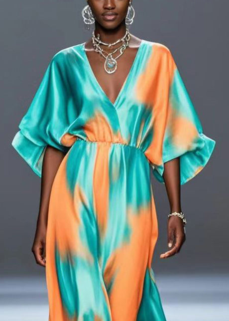 Organic Green V Neck Tie Dye Silk Dress Batwing Sleeve Summer