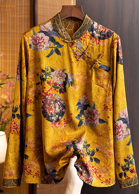 Oriental Yellow Stand Collar Button Silk Shirt Tops Long Sleeve