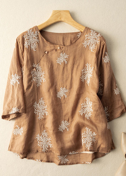 Beige O-neck Embroidered Linen Shirt Top Summer