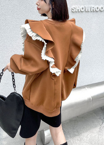 Khaki O-neck Retro Ruffled Patchwork Fall Sweatshirt Street Wear
