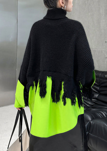 Black Green Hign Neck Asymmetrical Patchwork Knit Sweaters Fall