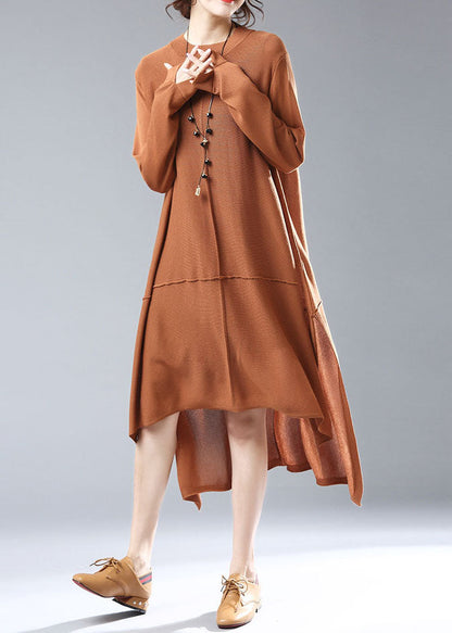 Simple Caramel O Neck Low High Design Patchwork Knit Knitwear Dress Spring
