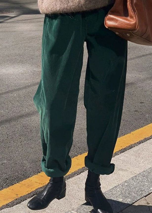 Green Pockets Corduroy Straight Pants Fall