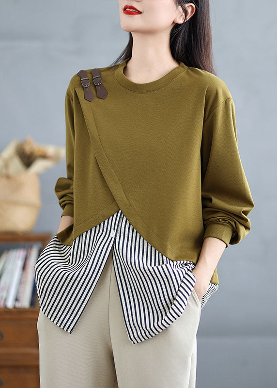 Green O Neck Patchwork False Two Pieces Cotton Top Spring