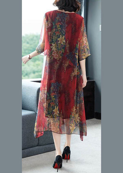Loose Red O-neck Print Chiffon Holiday Maxi Dress Summer