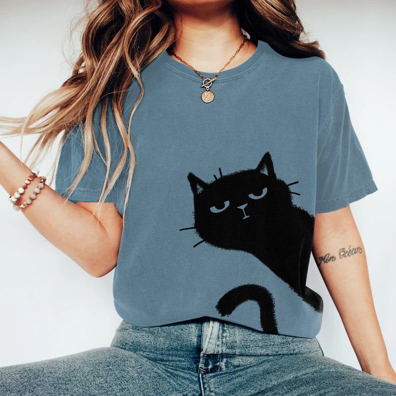 Comstylish Women's Abstract Creative Cute Black Cat Art Print T-shirt