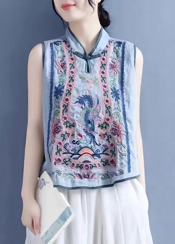 Art Light Blue Stand Collar Embroidered Waistcoat Summer