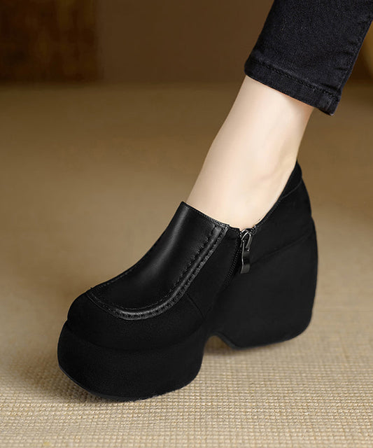 Handmade Black High Wedge Heels Cowhide Leather Splicing