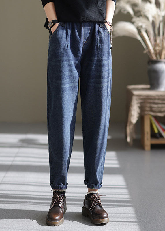 Blue Elastic Waist Pockets Harem Pants Spring