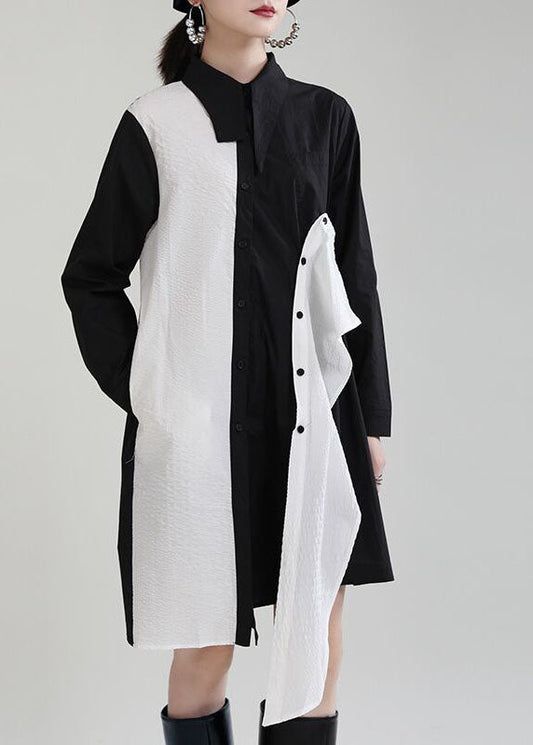 Black Asymmetrical Design Patchwork Fall Dresses Long Sleeve