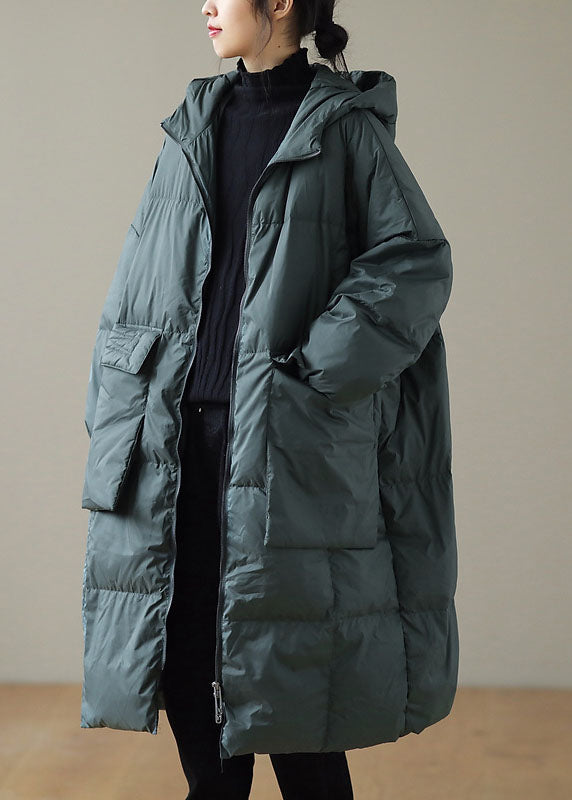 Green Hooded Zippered Pockets Winter Down Coat Long Sleeve