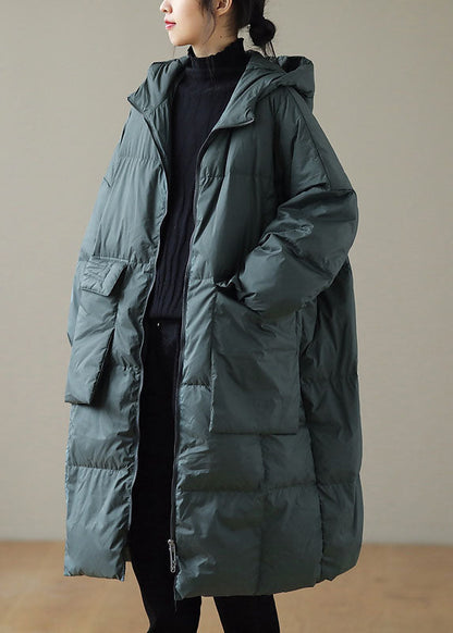 Green Hooded Zippered Pockets Winter Down Coat Long Sleeve