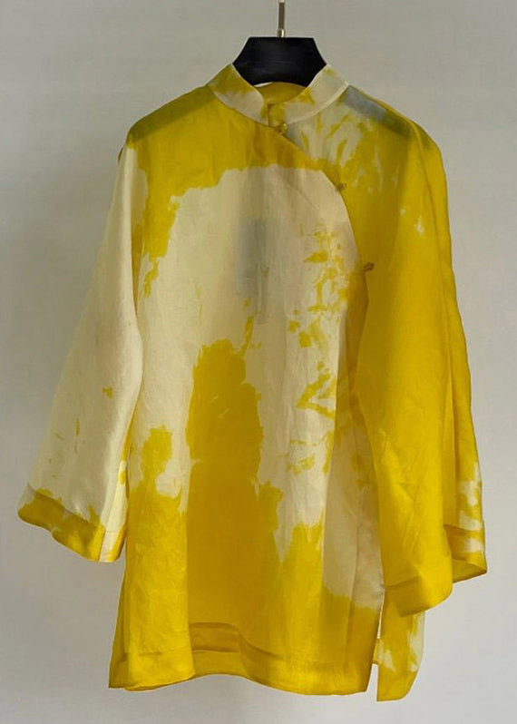 Yellow Stand Collar Button Cotton Shirt Long Sleeve