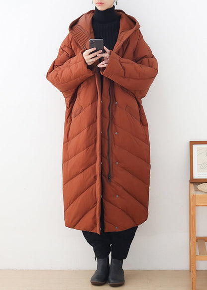 Caramel Zippered Button Pockets Hooded Down Coat Long Sleeve