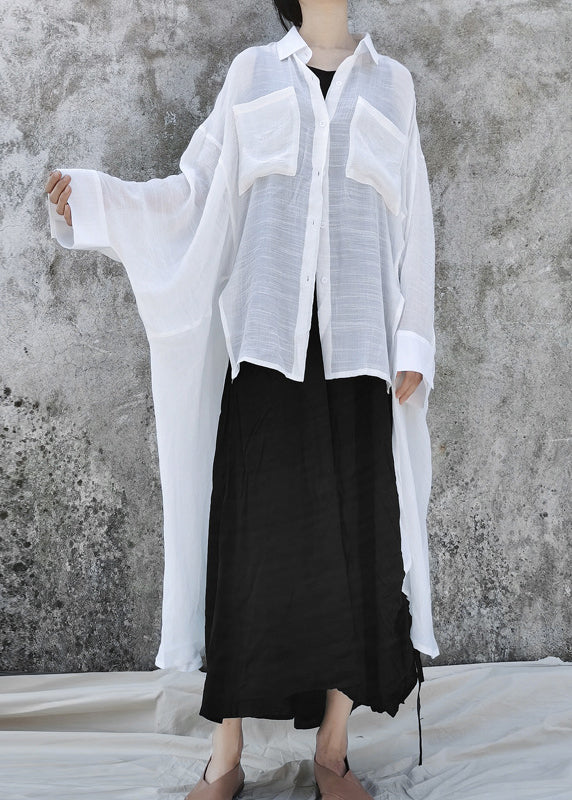 White Peter Pan Collar Asymmetrical Design Cotton Shirt Batwing Sleeve