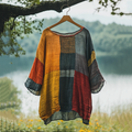 Vintage Color Block Loose Linen Blend T-shirt artswardrobe
