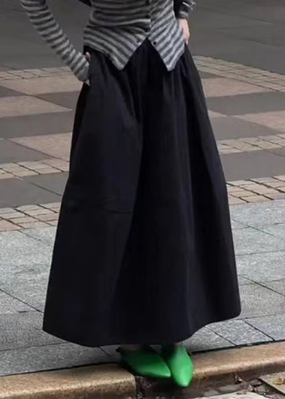 Art Black Pockets Elastic Waist Cotton Skirt Fall