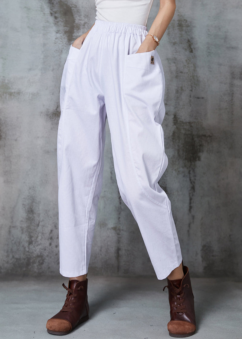 White Elastic Waist Cotton Harem Pants Spring
