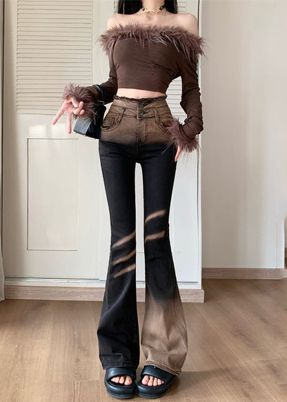 Gradient Color High Waist Tie Dye Denim Flared Trousers Spring