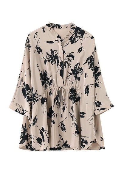 Slim Fit Beige Stand Collar Button Drawstring Print Chiffon Shirt Spring