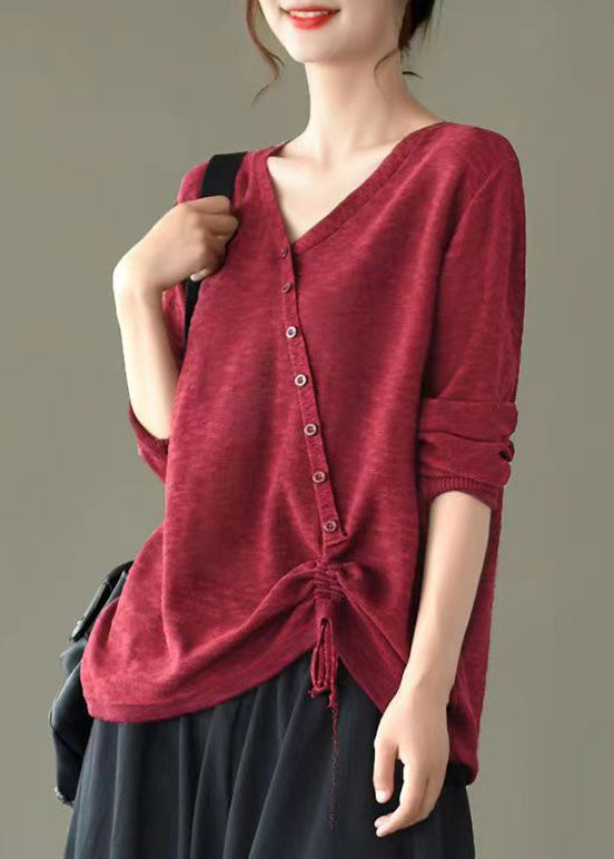 Red V Neck Drawstring Patchwork Knitting Top Fall