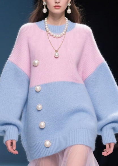 Colorblocko Neck Nail Bead Knit Sweater Tops Fall