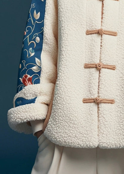 White Button Print Patchwork Teddy Faux Fur Coats Winter