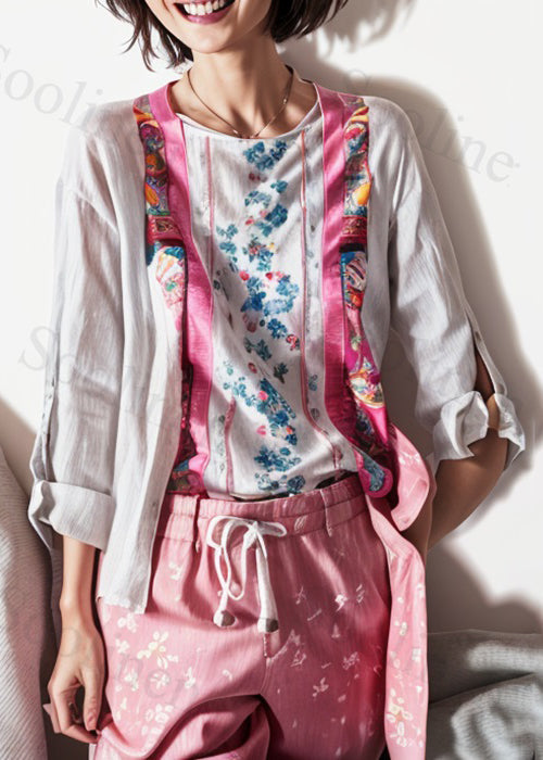 New White O Neck Print Patchwork Cotton Tops Long Sleeve