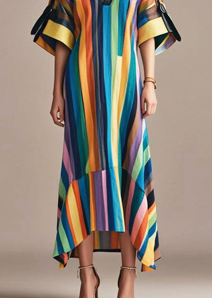Rainbow V Neck Striped Cotton Long Dress Summer
