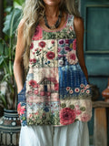 Cottage Floral Patchwork Fiber Art Linen Tank Top artswardrobe