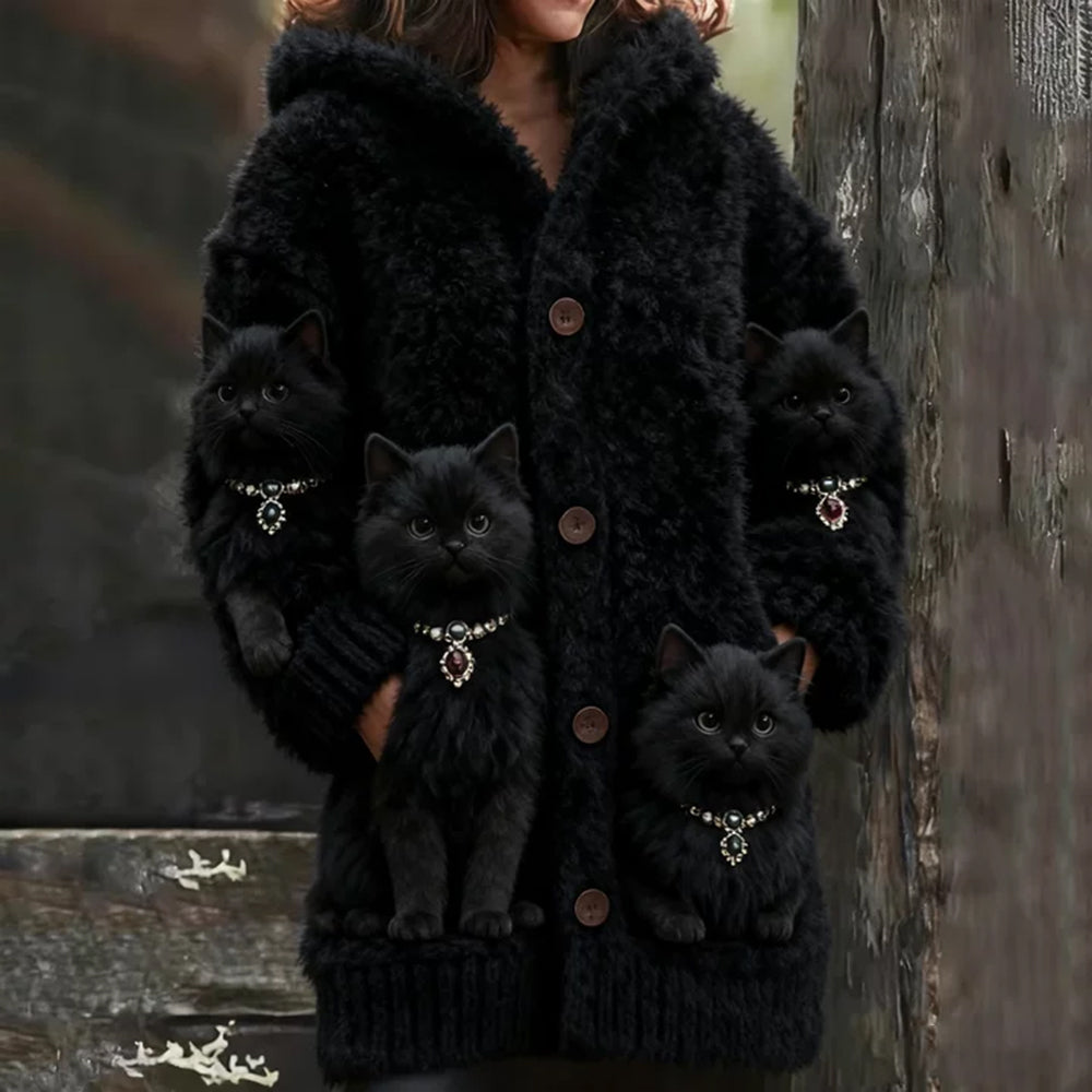 Comstylish Cat Wearing Pearl Necklace Thick Hooded Cardigan Long Sweater