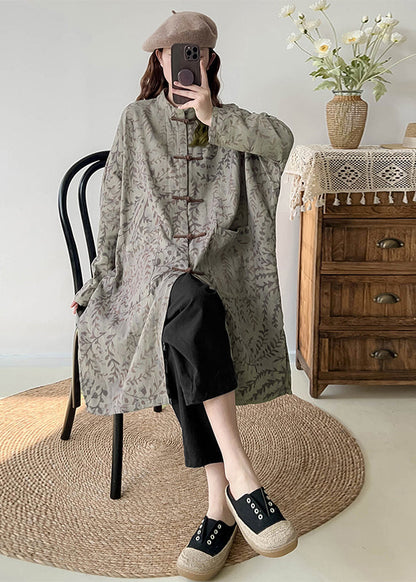 Green Oversized Print Linen Coat Outwear Fall