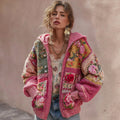 Women's Vintage Bohemian Floral Embroidery Patchwork Art Zipper Knit Hooded Sweater artswardrobe