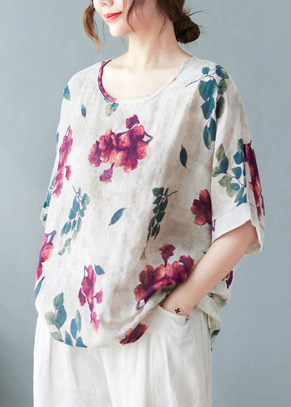 White Print Cotton Tanks O-neck Low High Design Short Sleeve
