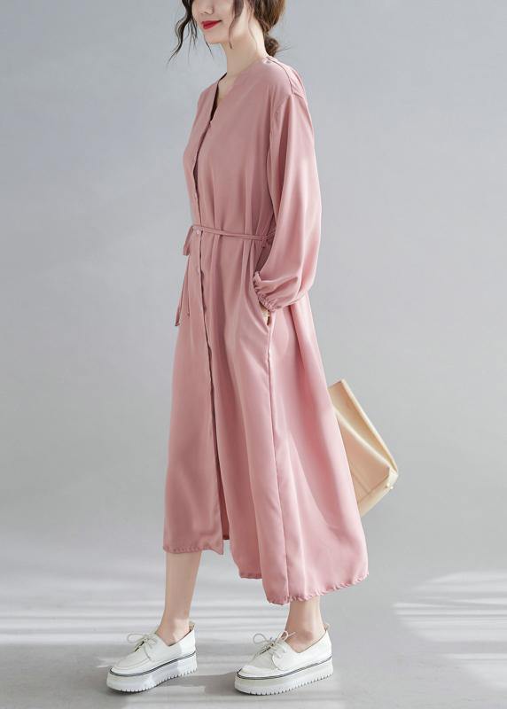 Simple V Neck Drawstring Spring Tunics Pink Art Dress