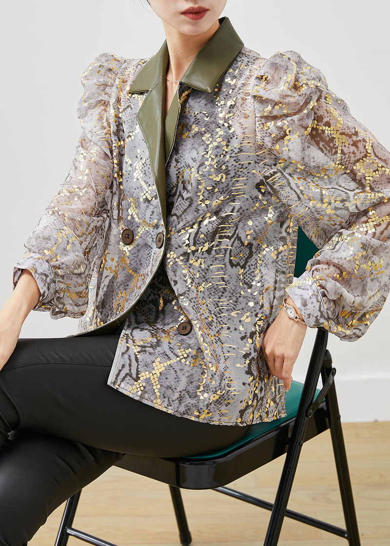 Art Grey Print Patchwork Double Breast Chiffon Shirt Top Puff Sleeve