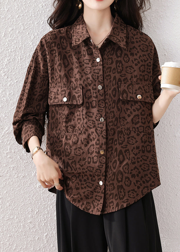 Coffee Leopard Pockets Cotton Shirts Fall