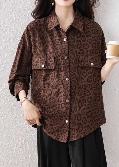 Coffee Leopard Pockets Cotton Shirts Fall