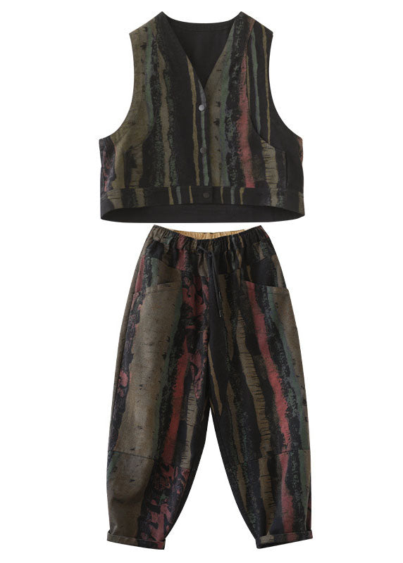 Black Print Vest Harem Pants Two Pieces Set Spring