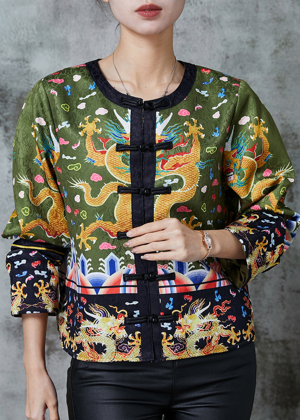 Green Embroidered Patchwork Silk Coat Spring
