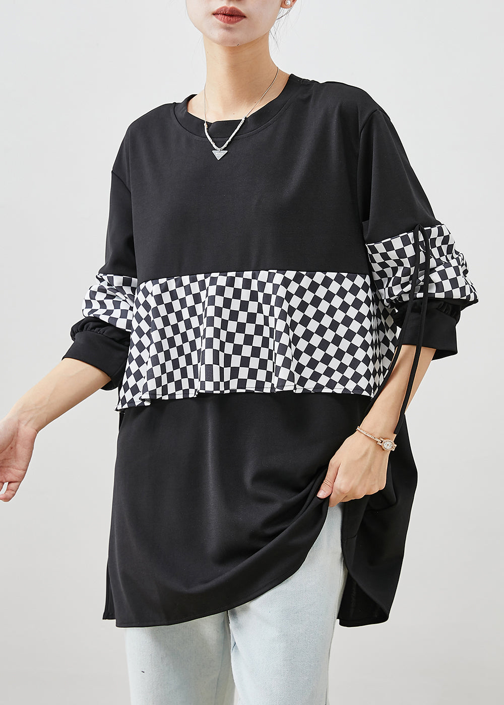 Italian Black Oversized Patchwork Warm Fleece Pullover Fall