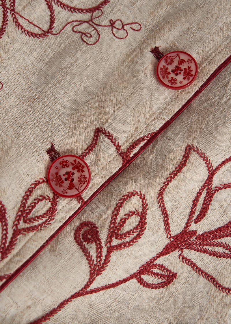 Beige Embroidered Pockets Linen Coats Fall