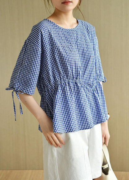 French Blue Plaid Patchwork Drawstring Summer Cotton Half Sleeve Blouse Top