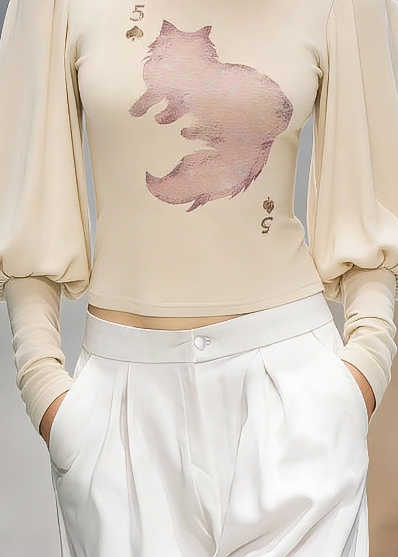 Organic Oat Color O-neck Print Tops Lantern Sleeve