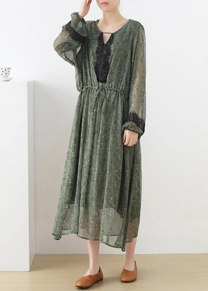 French Green Print Chiffon Patchwork Summer Vacation Dresses