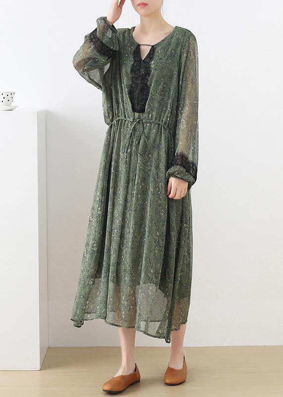 French Green Print Chiffon Patchwork Summer Vacation Dresses