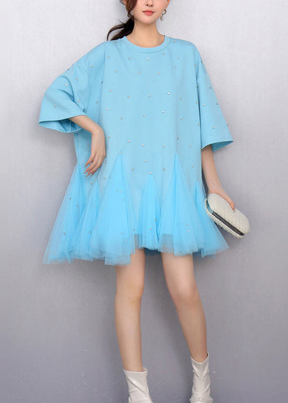 Blue Oversized Patchwork Tulle Mini Dress Summer