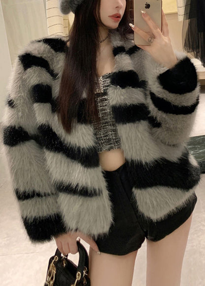 Grey V Neck Striped Fuzzy Fur Fluffy Coat Winter