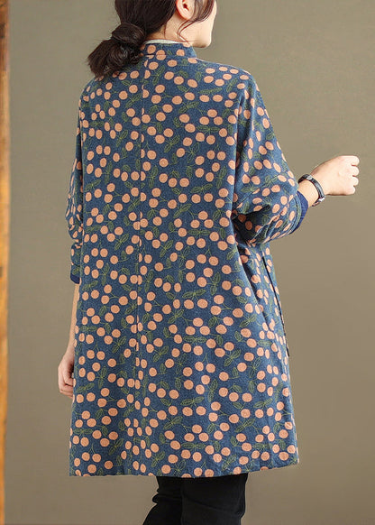 Print Pockets Chinese Button Fine Cotton Filled Coat Winter