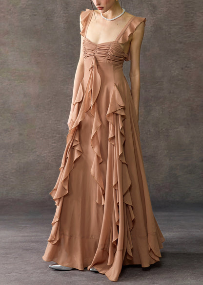 Coffee Square Collar Ruffled Cotton Long Dress Summer